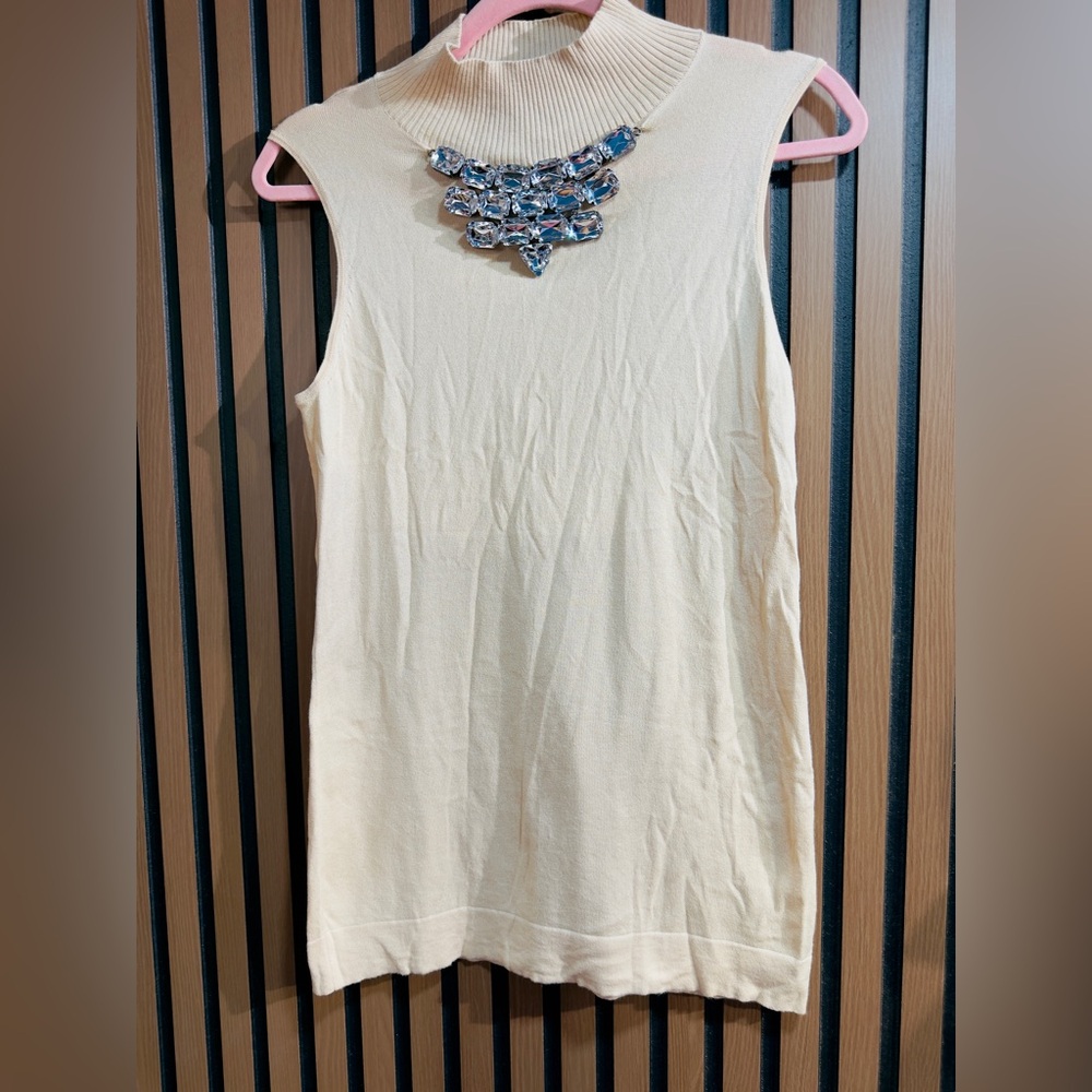 August Silk Beige Ribbed Knit Top Sz M(TXA406)